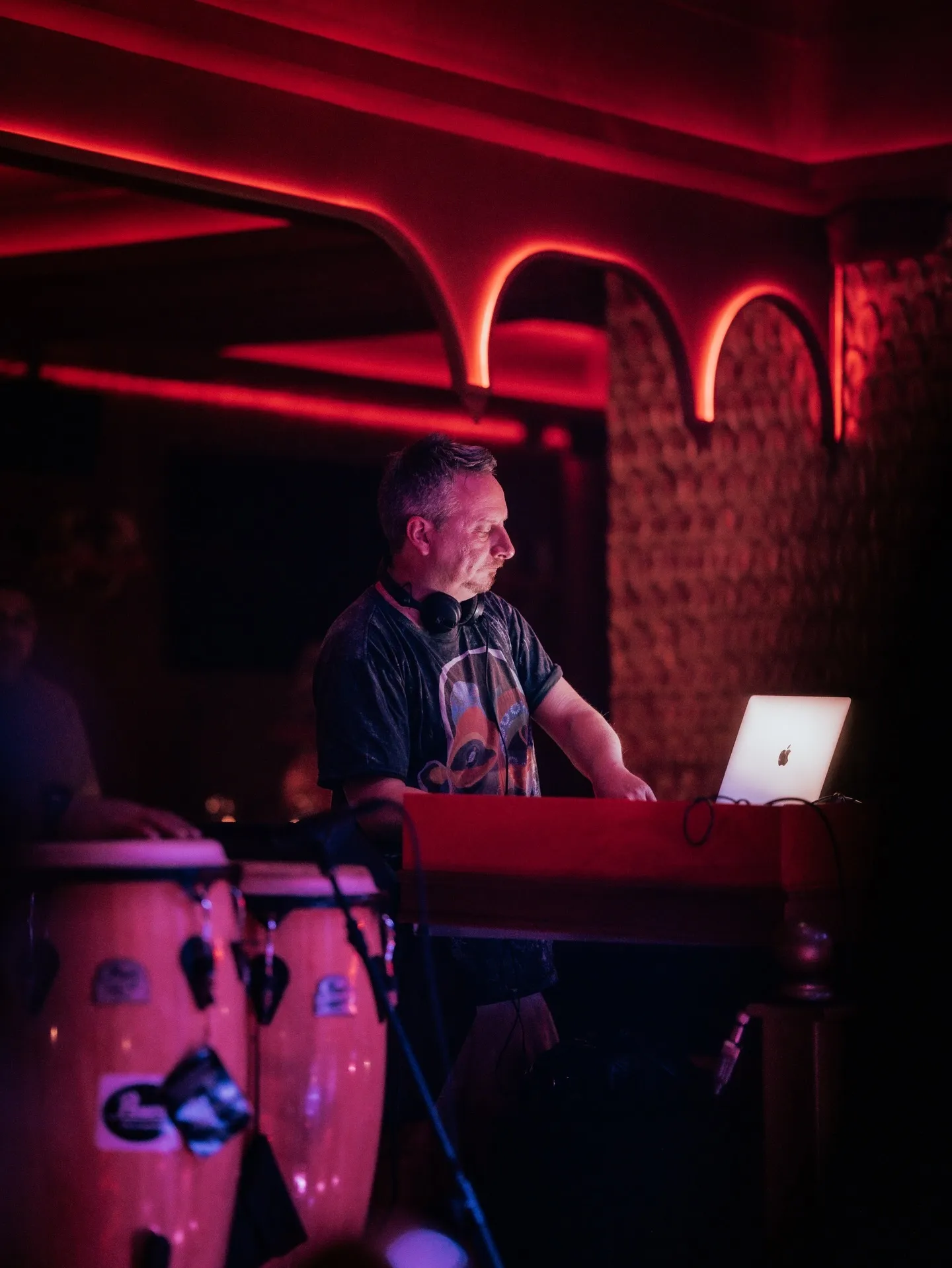 Live percussion alongside the DJ booth at The Club Agadir